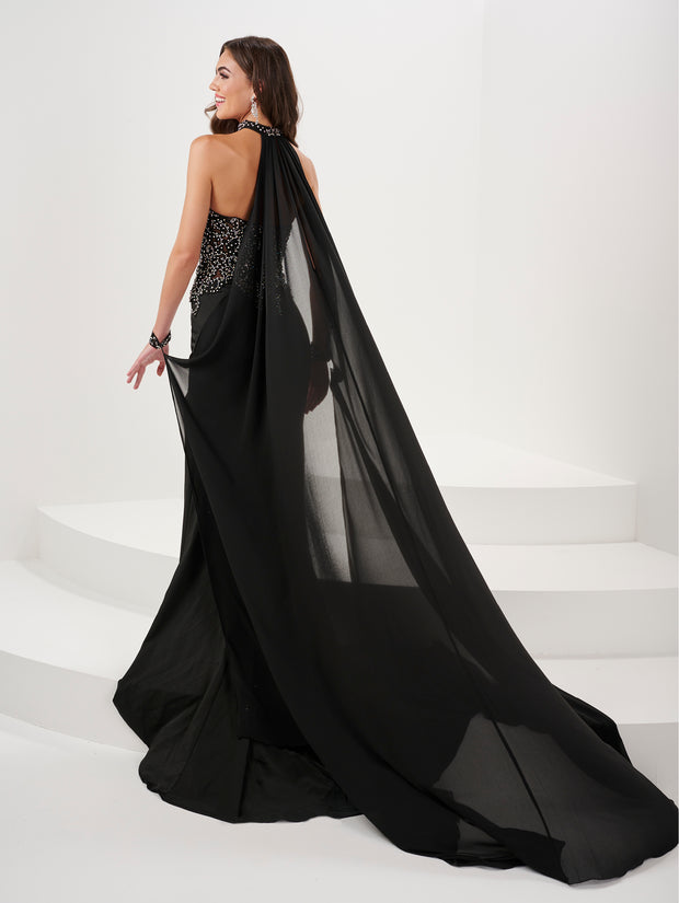 Fitted Beaded Strapless Cape Slit Gown by Panoply 14197