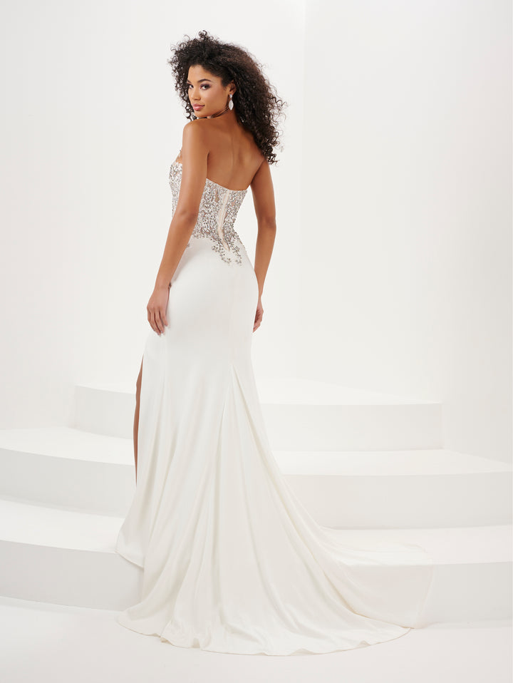 Fitted Beaded Strapless Cape Slit Gown by Panoply 14197
