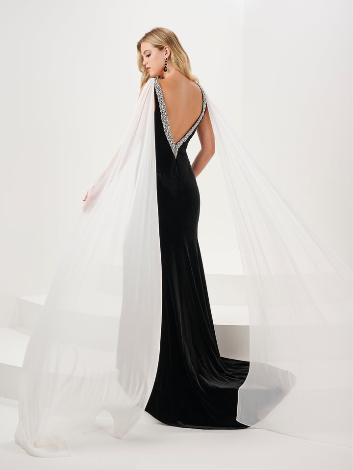 Fitted Beaded Velvet Cape Sleeve Slit Gown by Panoply 14198