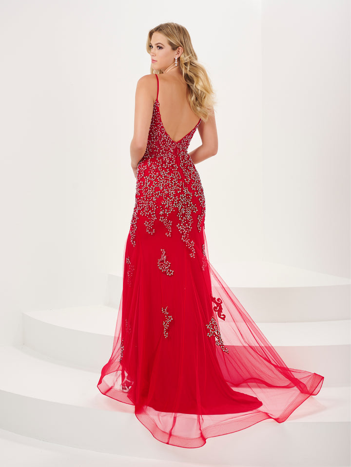 Fitted Beaded Applique V-Neck Slit Gown by Panoply 14199