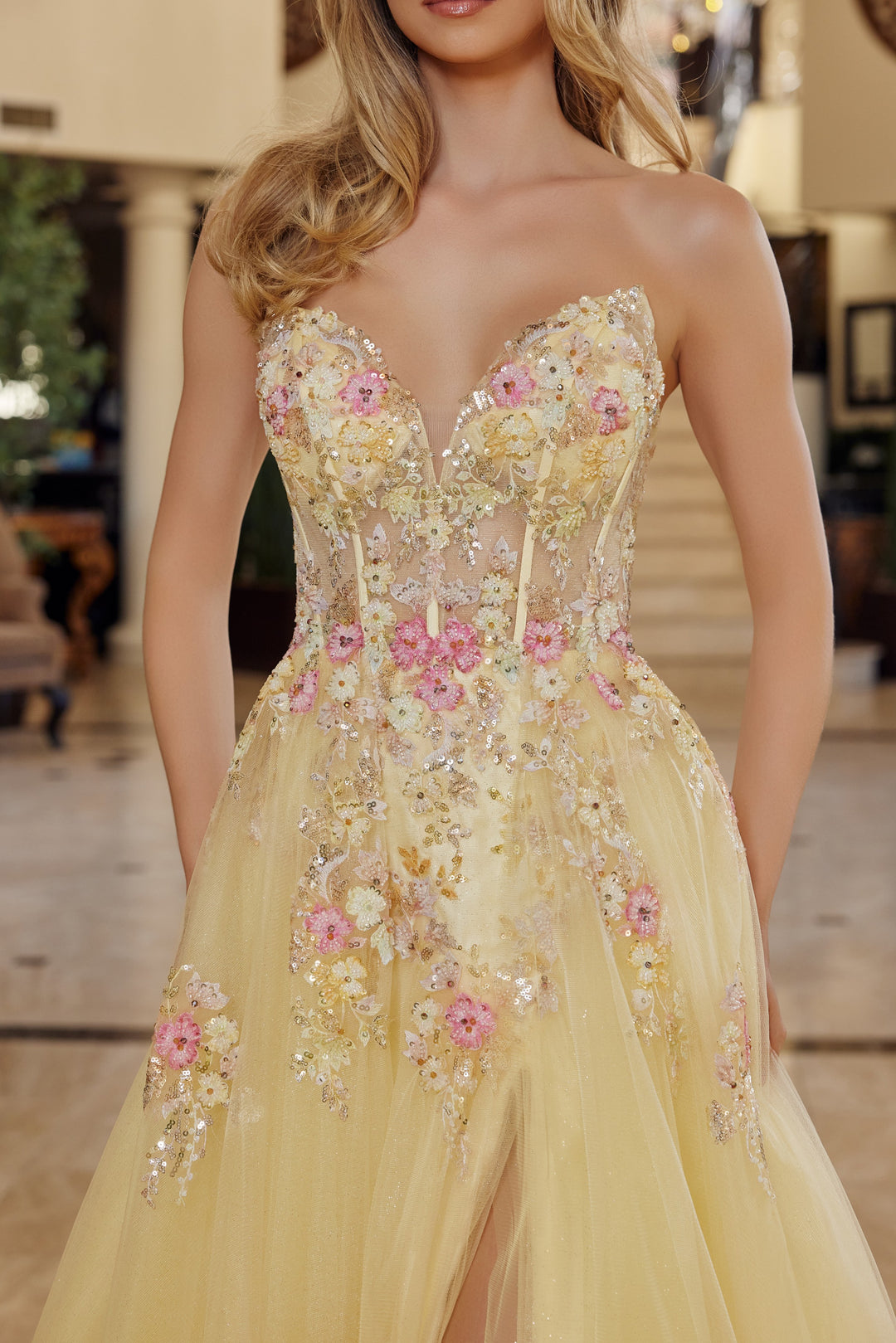 Applique Strapless A-line Slit Gown by Nox Anabel Q1773