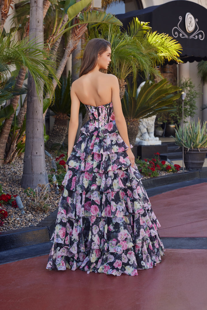 Print Strapless A-line Tiered Gown by Nox Anabel Q1779