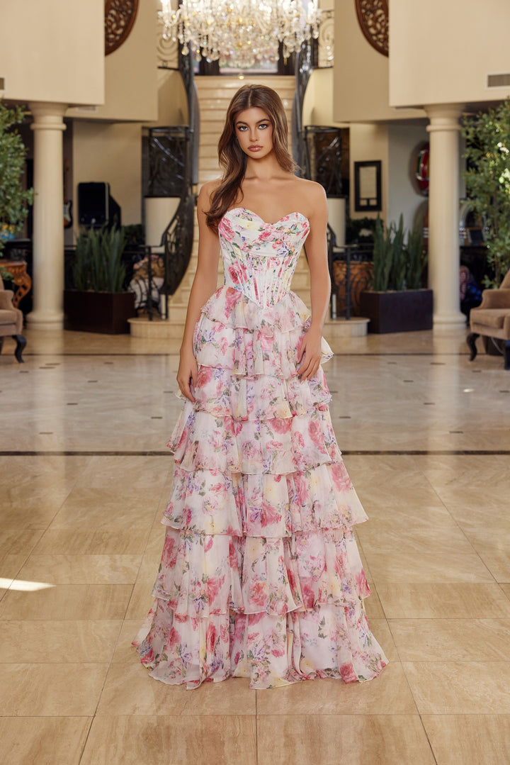 Print Strapless A-line Tiered Gown by Nox Anabel Q1779