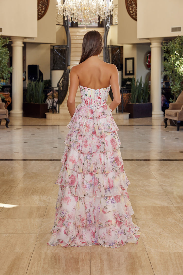 Print Strapless A-line Tiered Gown by Nox Anabel Q1779