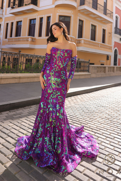 Sequin Print Strapless Mermaid Gown by Nox Anabel R1268