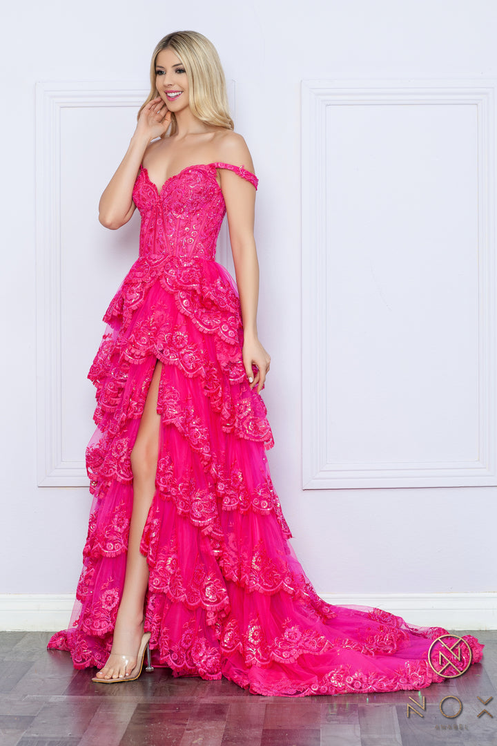 Applique Sweetheart Tiered Slit Gown by Nox Anabel R1299