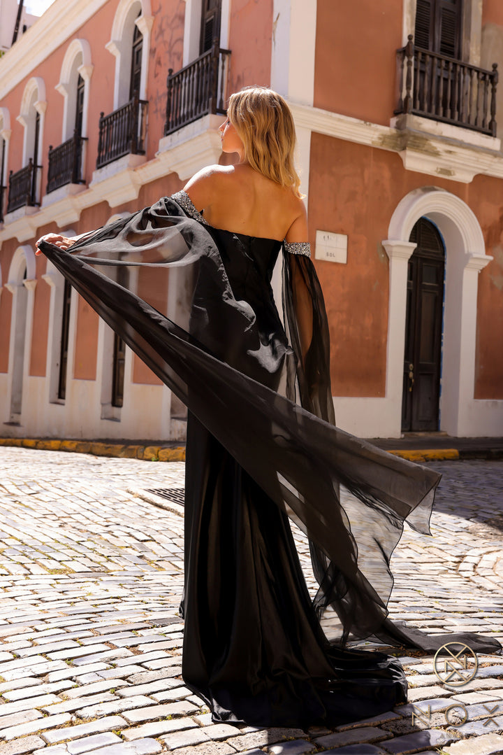 Fitted Satin Cape Sleeve Slit Gown by Nox Anabel R1312