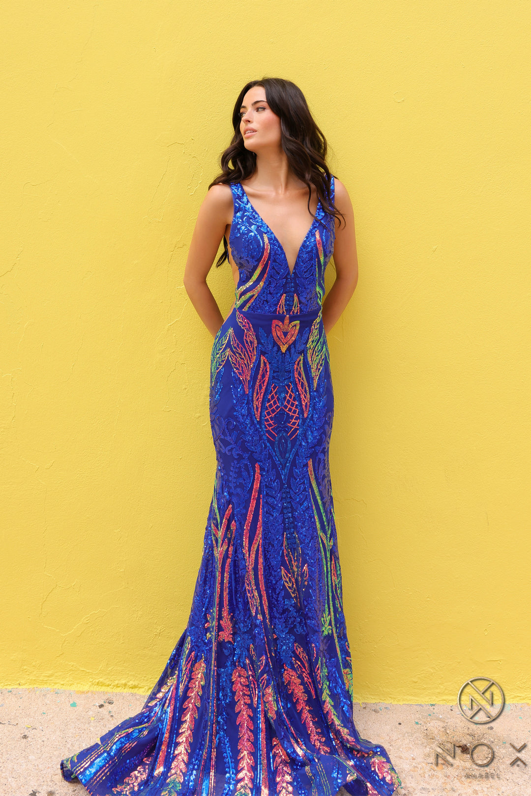 Fitted Sequin Print Deep V-Neck Gown by Nox Anabel R1402