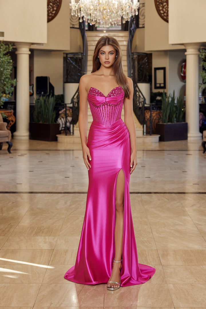 Beaded Satin Strapless Slit Gown by Nox Anabel R1812