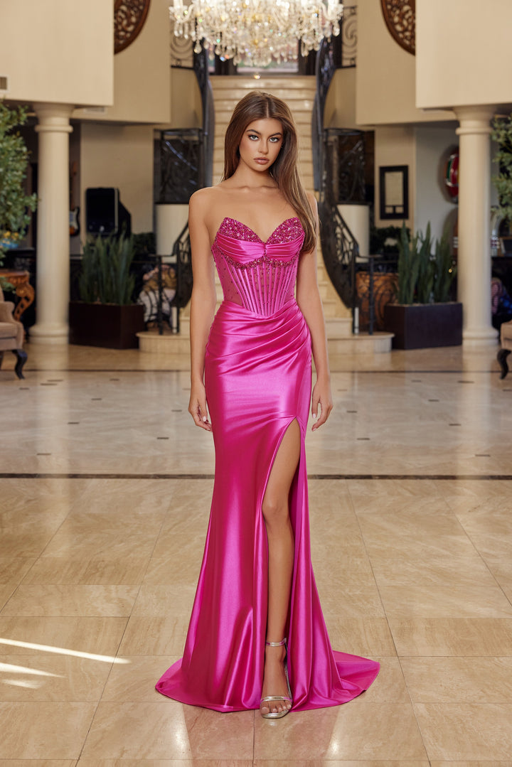 Beaded Satin Strapless Slit Gown by Nox Anabel R1812
