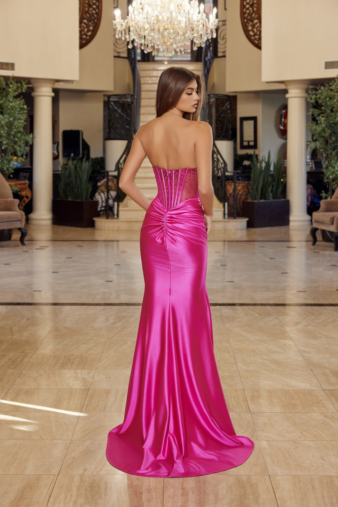 Beaded Satin Strapless Slit Gown by Nox Anabel R1812