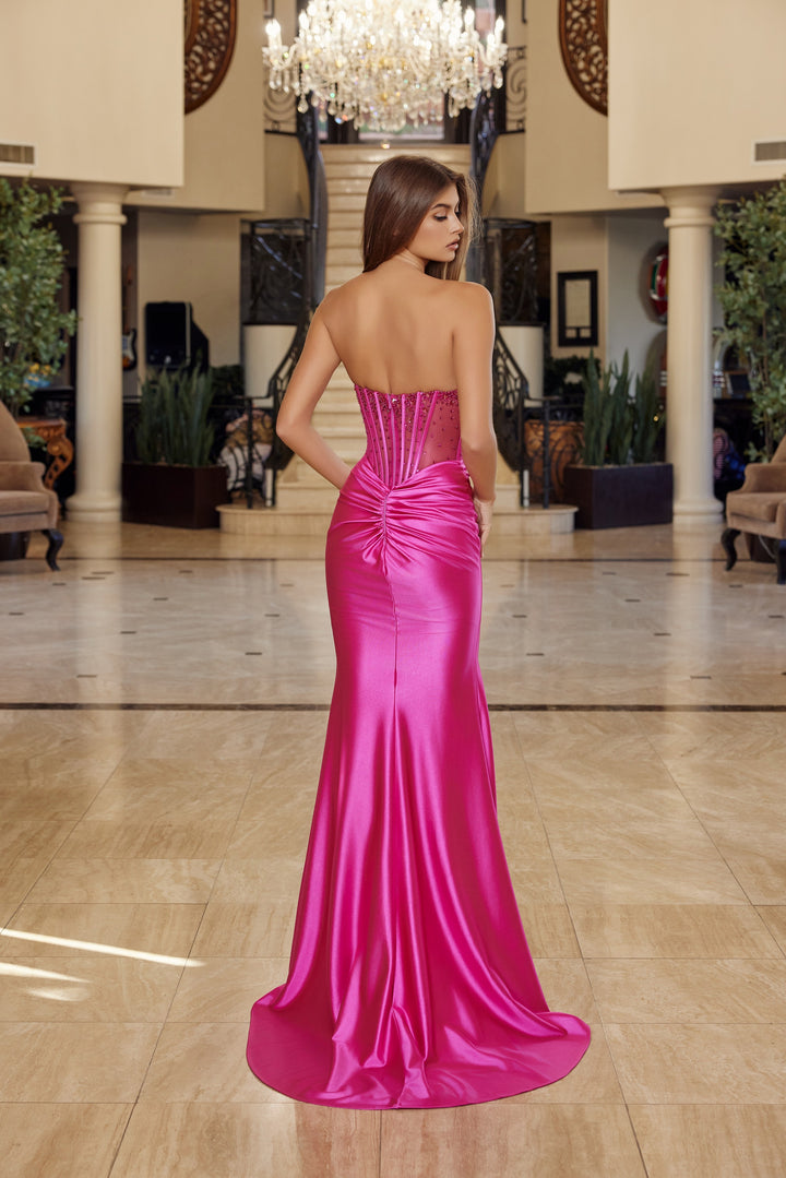 Beaded Satin Strapless Slit Gown by Nox Anabel R1812