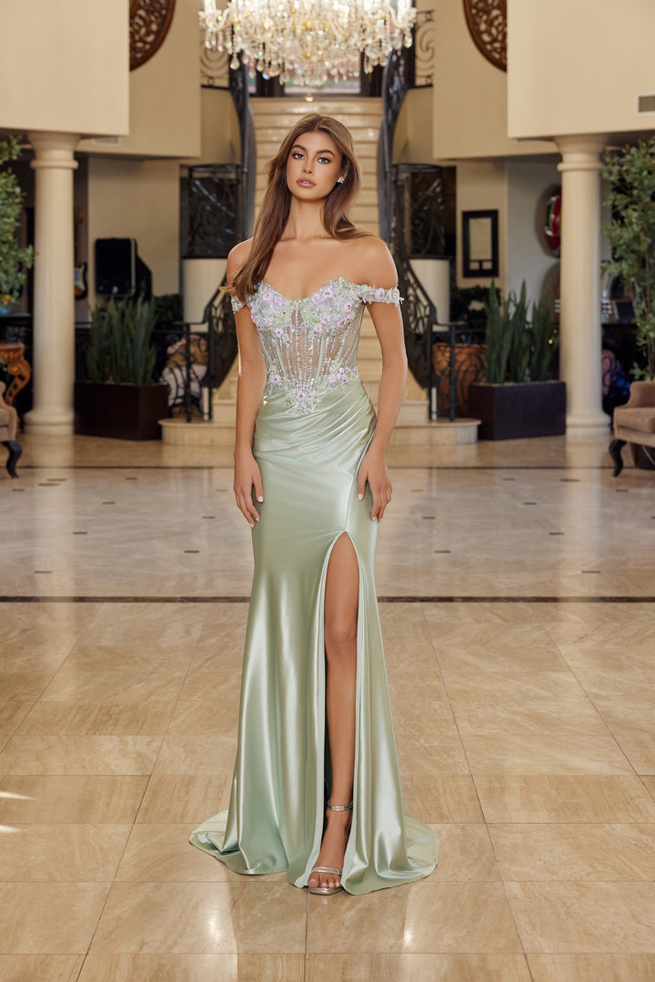 Applique Off Shoulder Slit Gown by Nox Anabel R1814