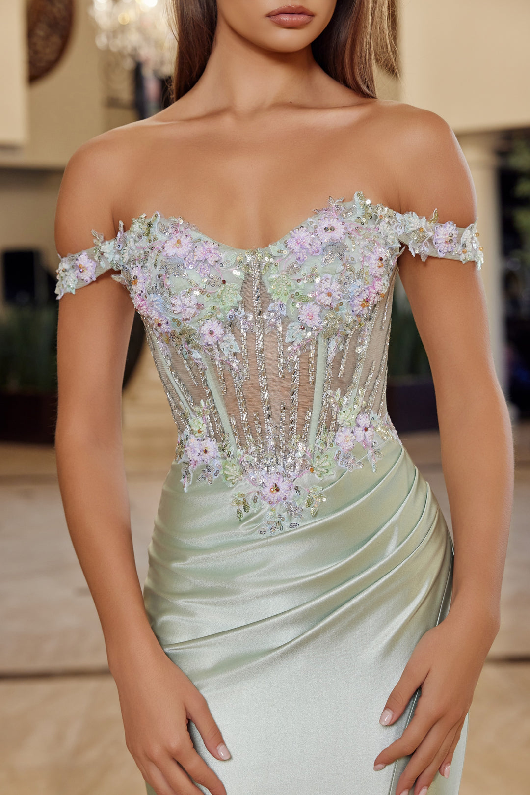 Applique Off Shoulder Slit Gown by Nox Anabel R1814