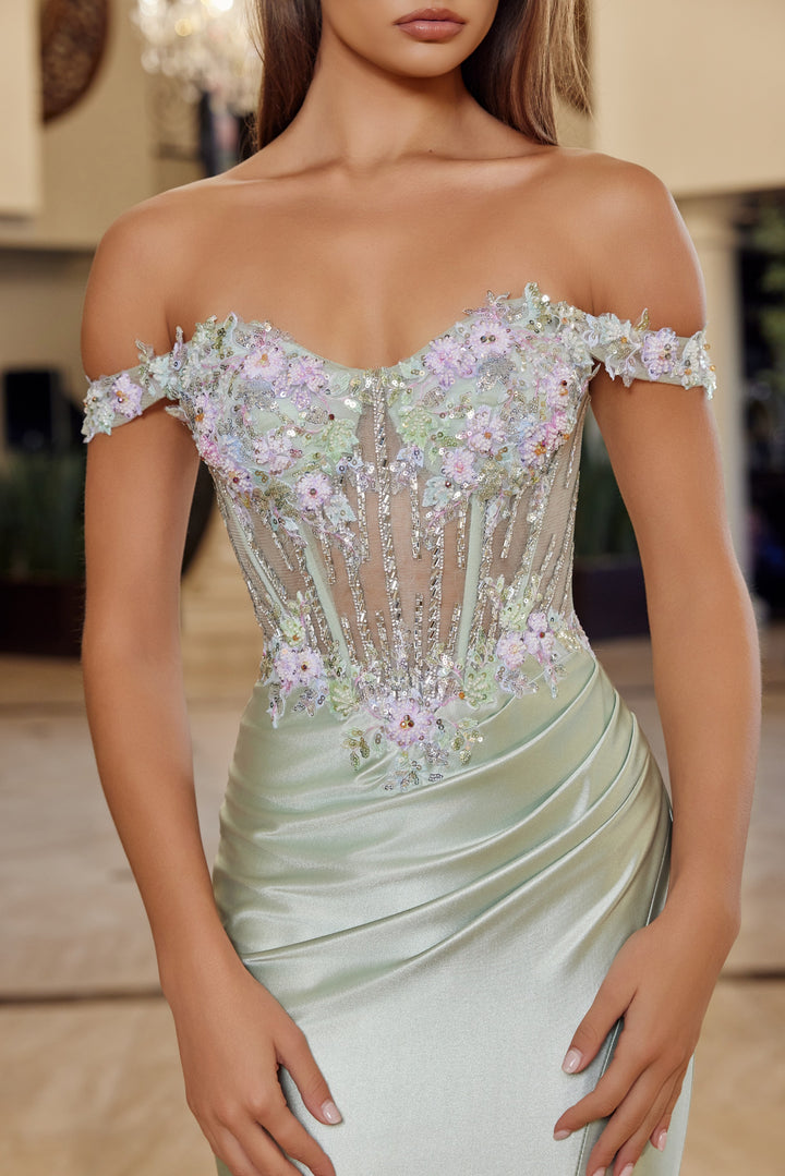 Applique Off Shoulder Slit Gown by Nox Anabel R1814