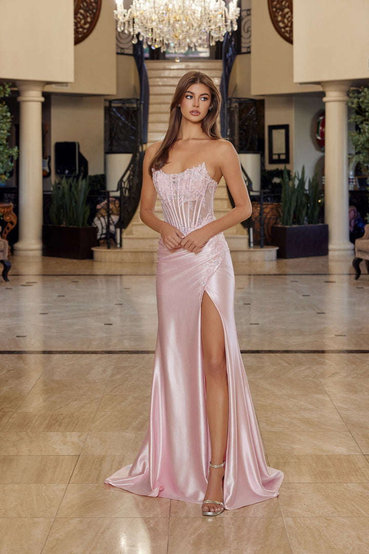 Applique Satin Strapless Slit Gown by Nox Anabel R1816