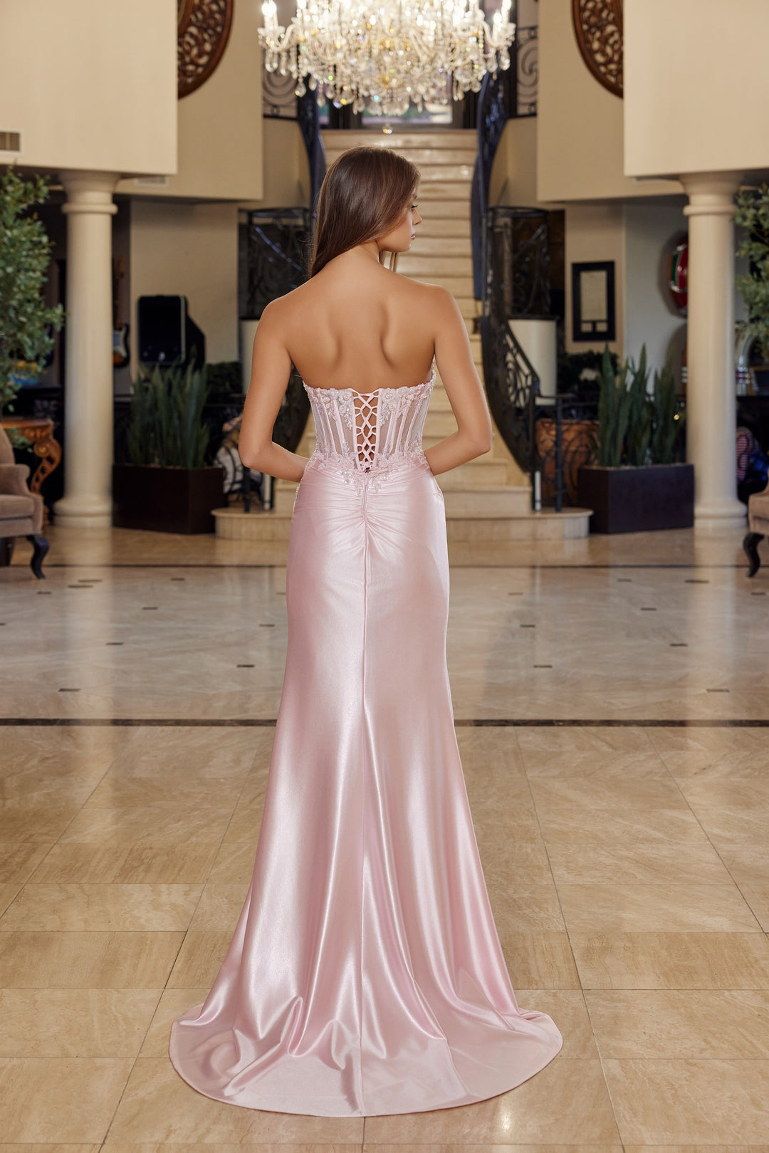 Applique Satin Strapless Slit Gown by Nox Anabel R1816