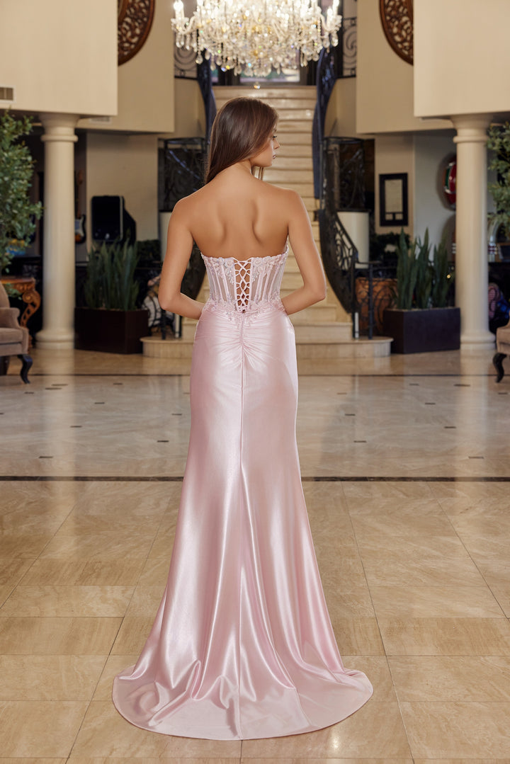 Applique Satin Strapless Slit Gown by Nox Anabel R1816