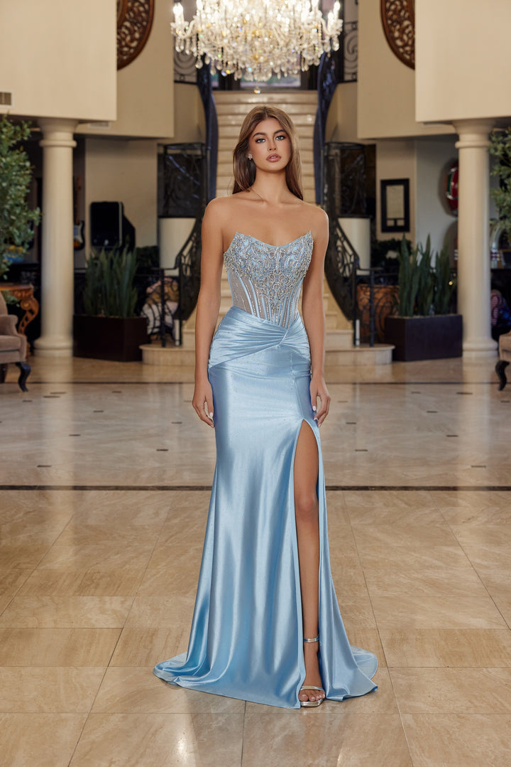 Beaded Satin Strapless Slit Gown by Nox Anabel R1820