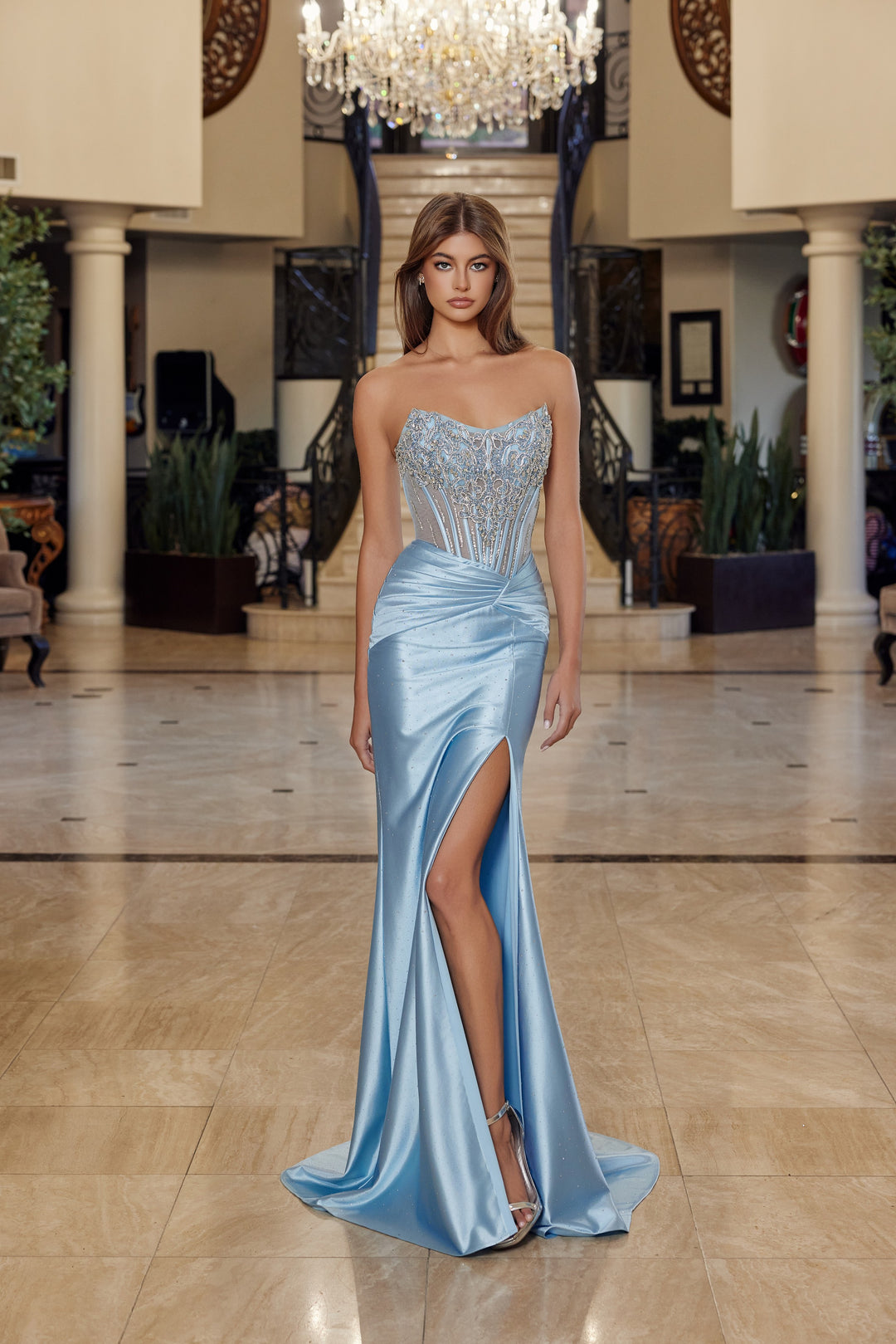 Beaded Satin Strapless Slit Gown by Nox Anabel R1820
