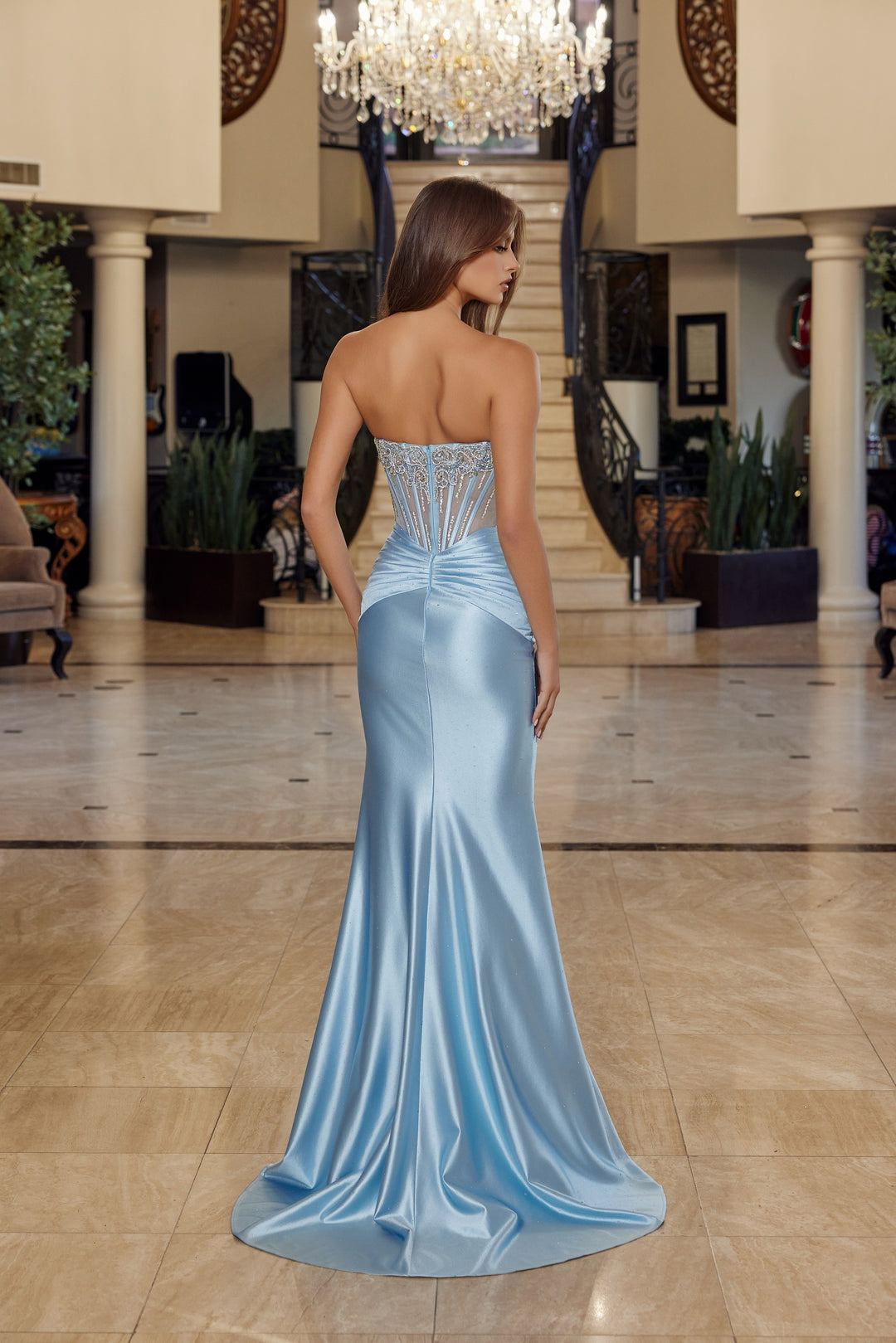 Beaded Satin Strapless Slit Gown by Nox Anabel R1820