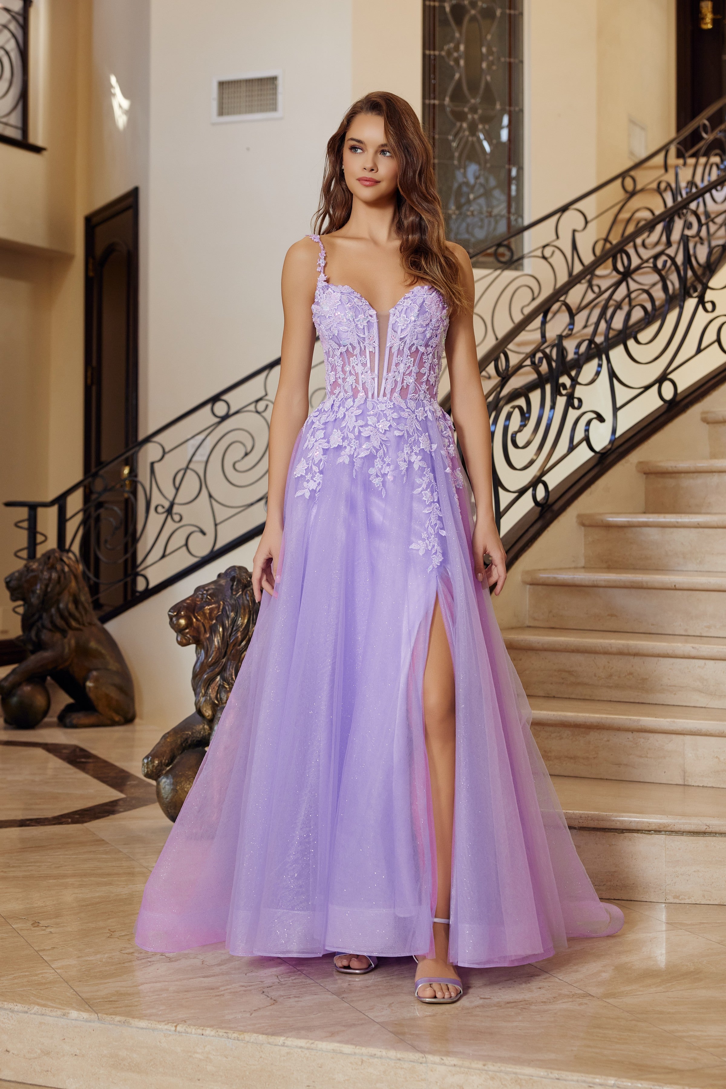 Applique V-Neck A-line Slit Gown by Nox Anabel R1824 – ABC Fashion