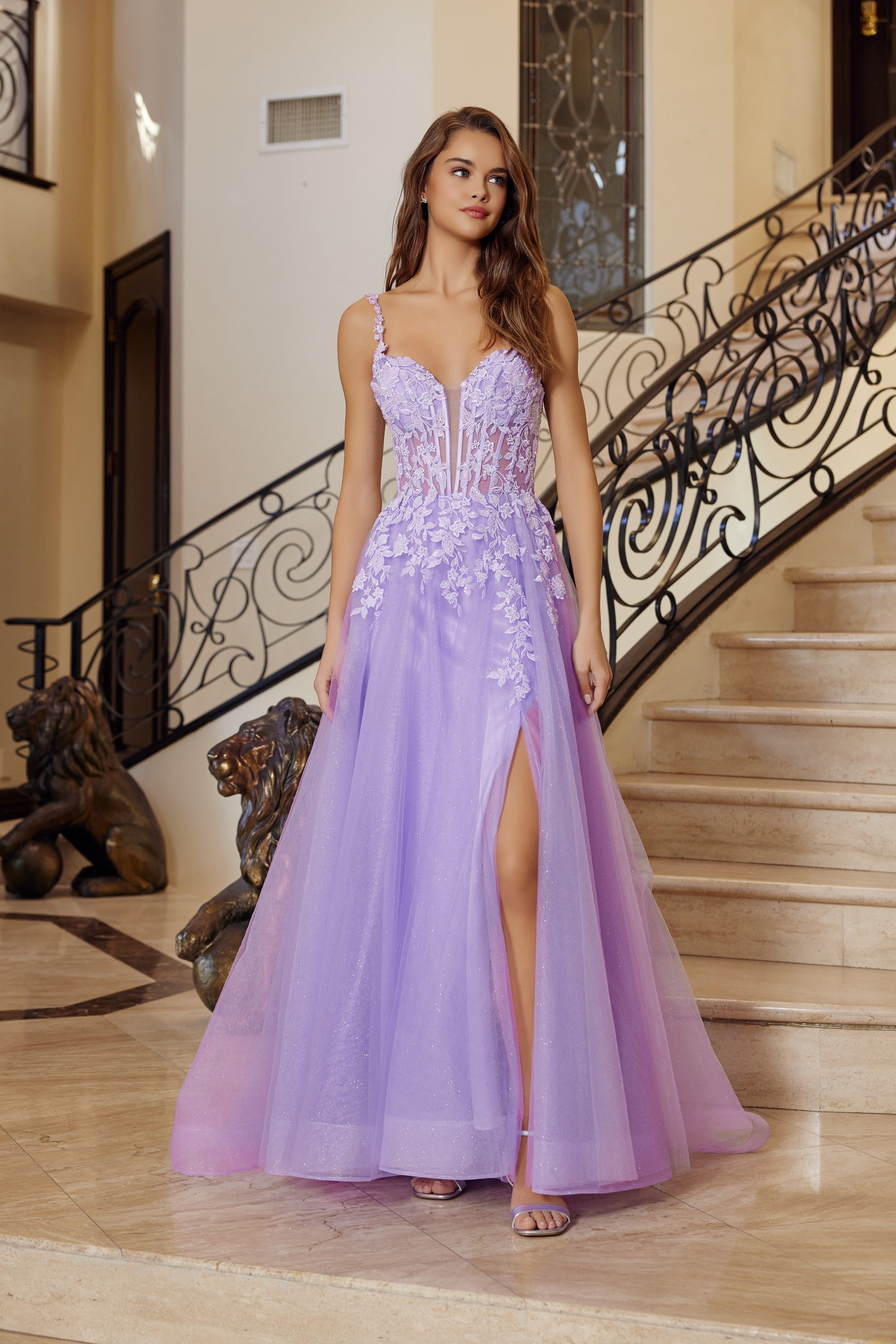 Applique V-Neck A-line Slit Gown by Nox Anabel R1824 – ABC Fashion