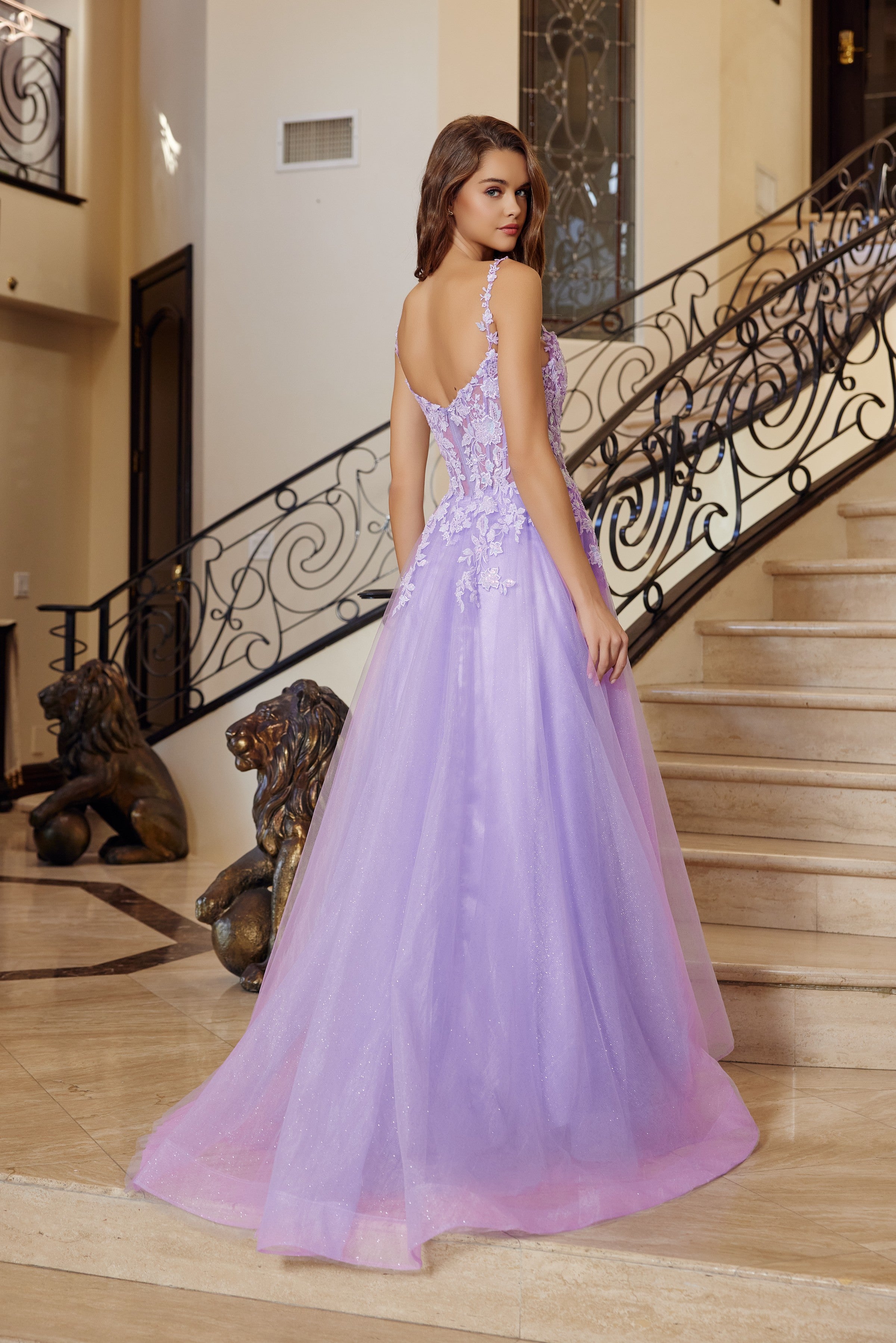 Applique V-Neck A-line Slit Gown by Nox Anabel R1824 – ABC Fashion
