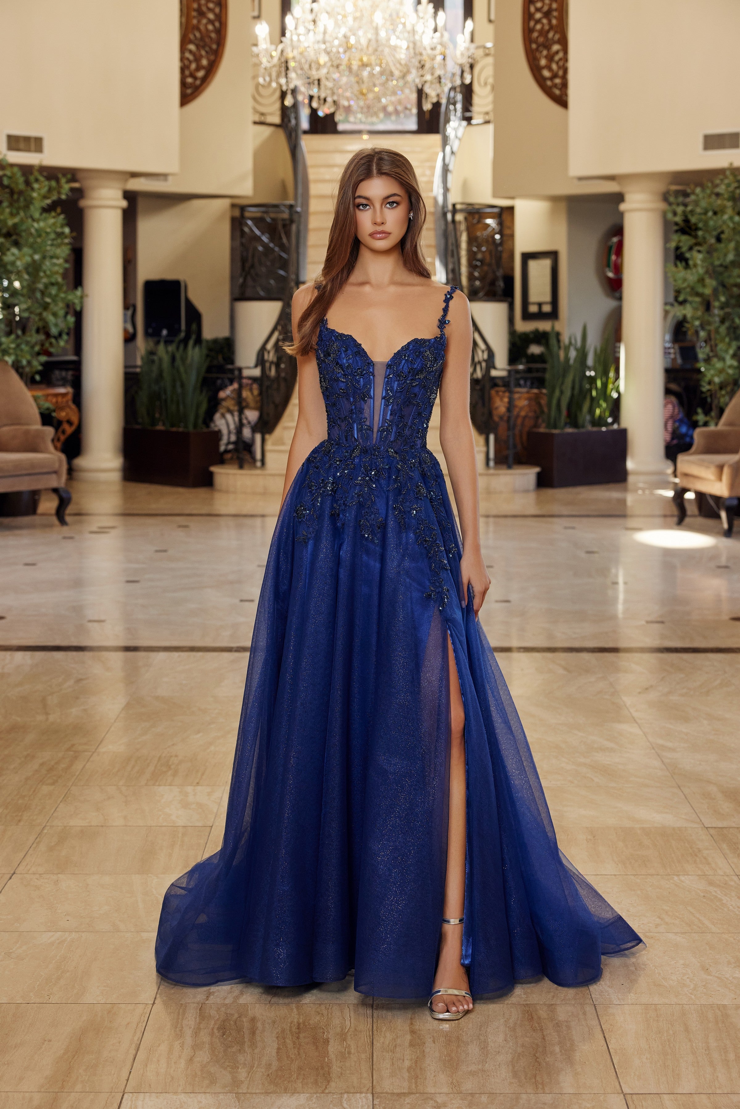 Applique V-Neck A-line Slit Gown by Nox Anabel R1824 – ABC Fashion