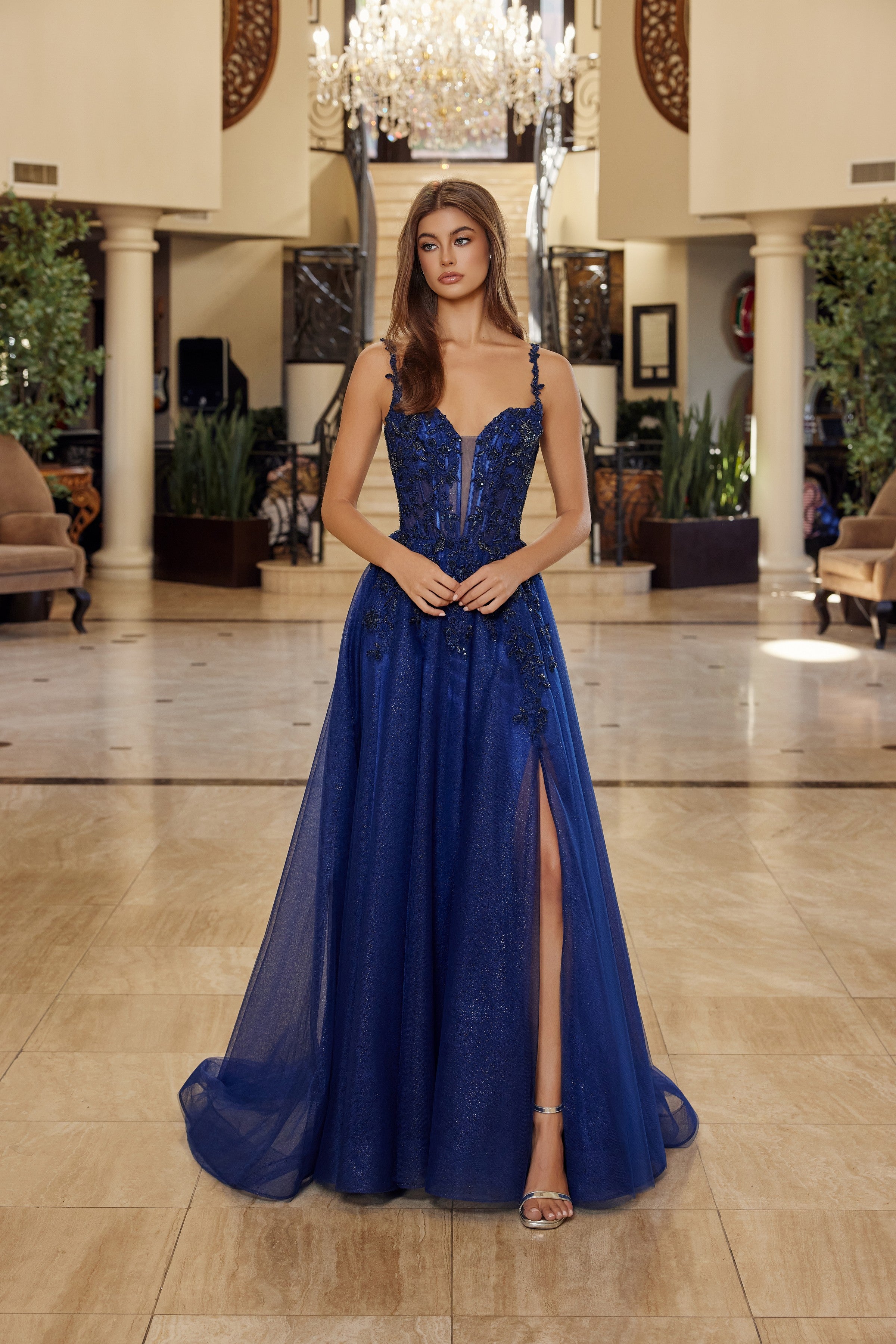 Applique V-Neck A-line Slit Gown by Nox Anabel R1824 – ABC Fashion