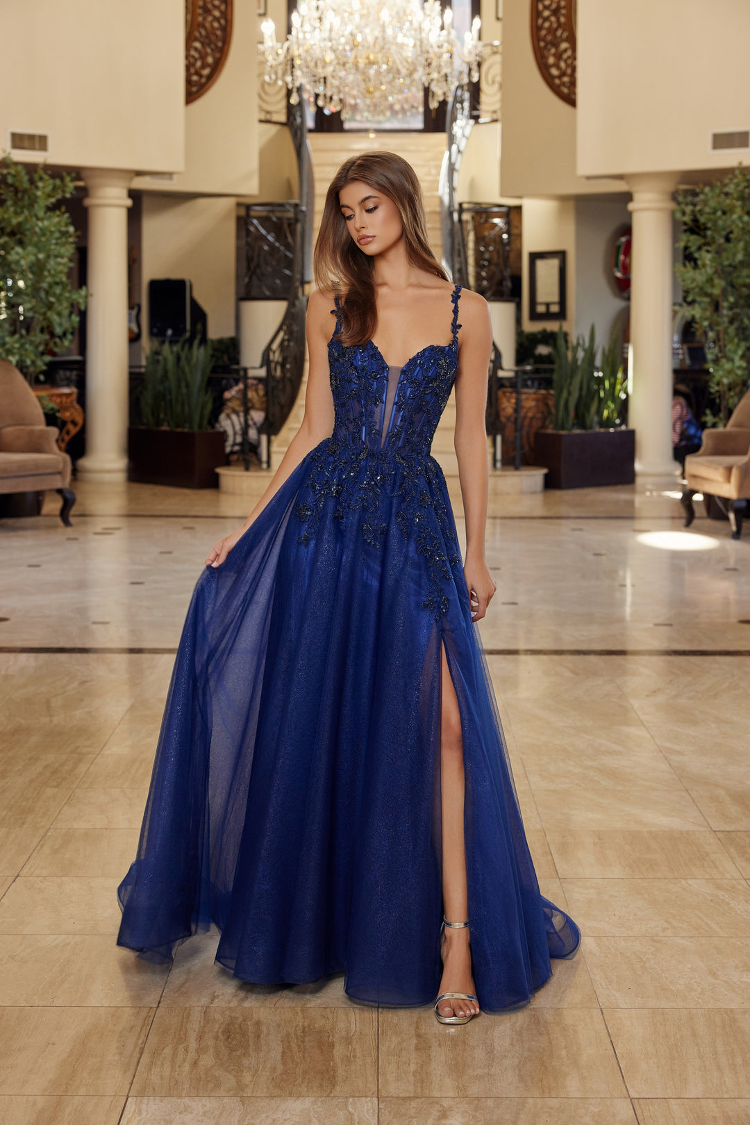 V-Neck Long A-Line Prom dress with Beaded Embroidery Lilac / 0