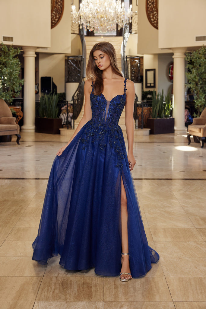 Applique V-Neck A-line Slit Gown by Nox Anabel R1824 – ABC Fashion