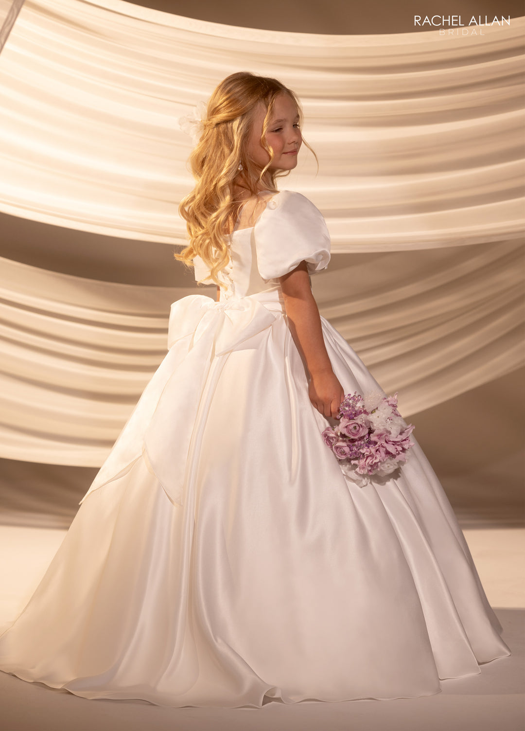 Girls Satin Puff Sleeve Gown by Rachel Allan RB9181