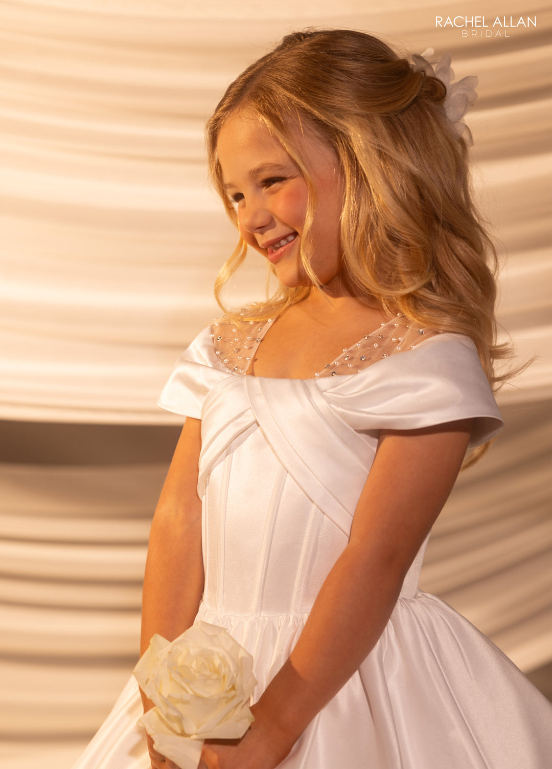 Girls Satin Off Shoulder Gown by Rachel Allan RB9185