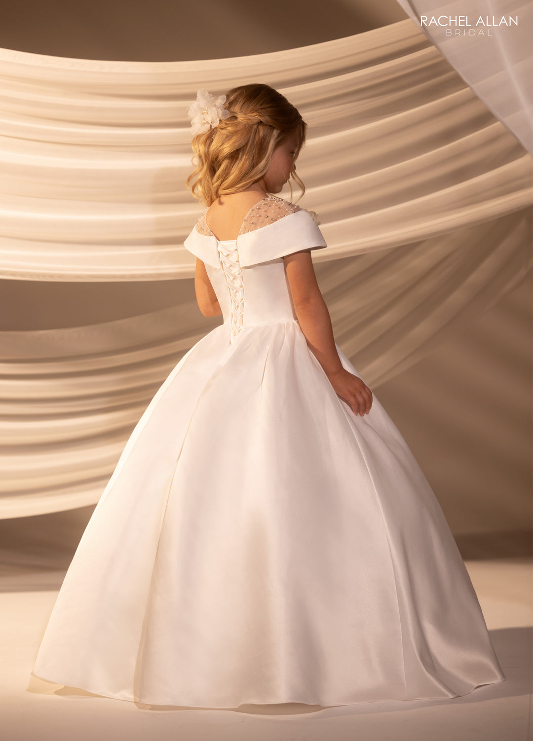 Girls Satin Off Shoulder Gown by Rachel Allan RB9185