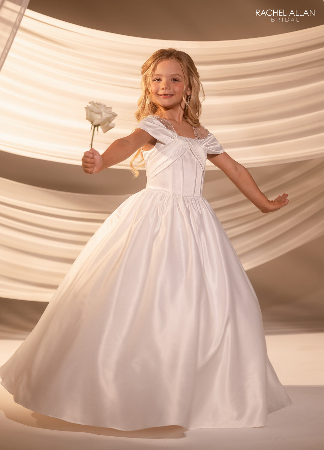 Girls Satin Off Shoulder Gown by Rachel Allan RB9185
