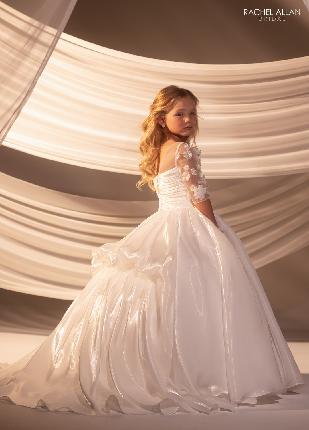 Girls Satin 3/4 Sleeve Gown by Rachel Allan RB9189