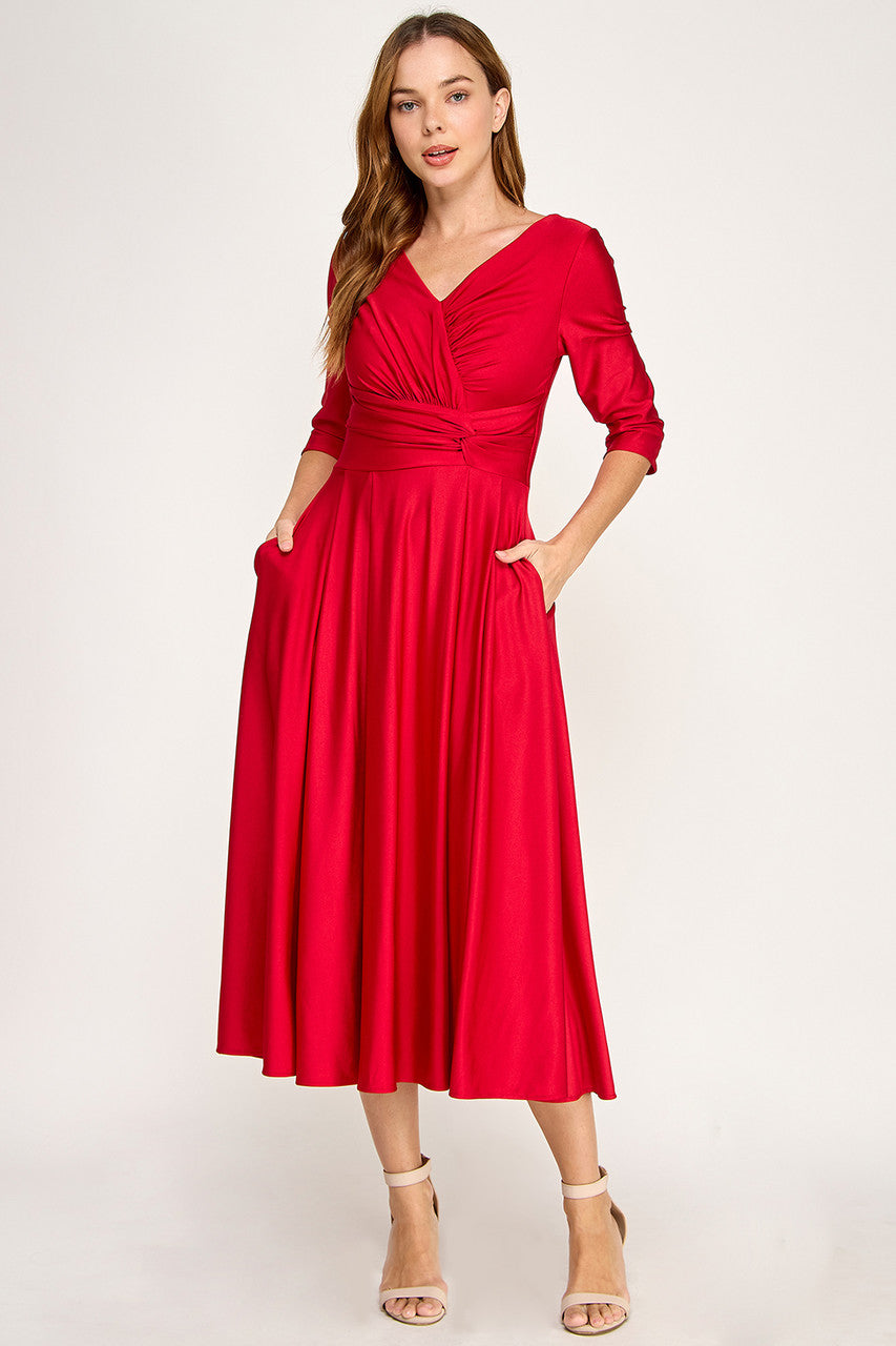 3/4 Sleeve A-line Tea Length Dress by Lenovia 3127 L / Red
