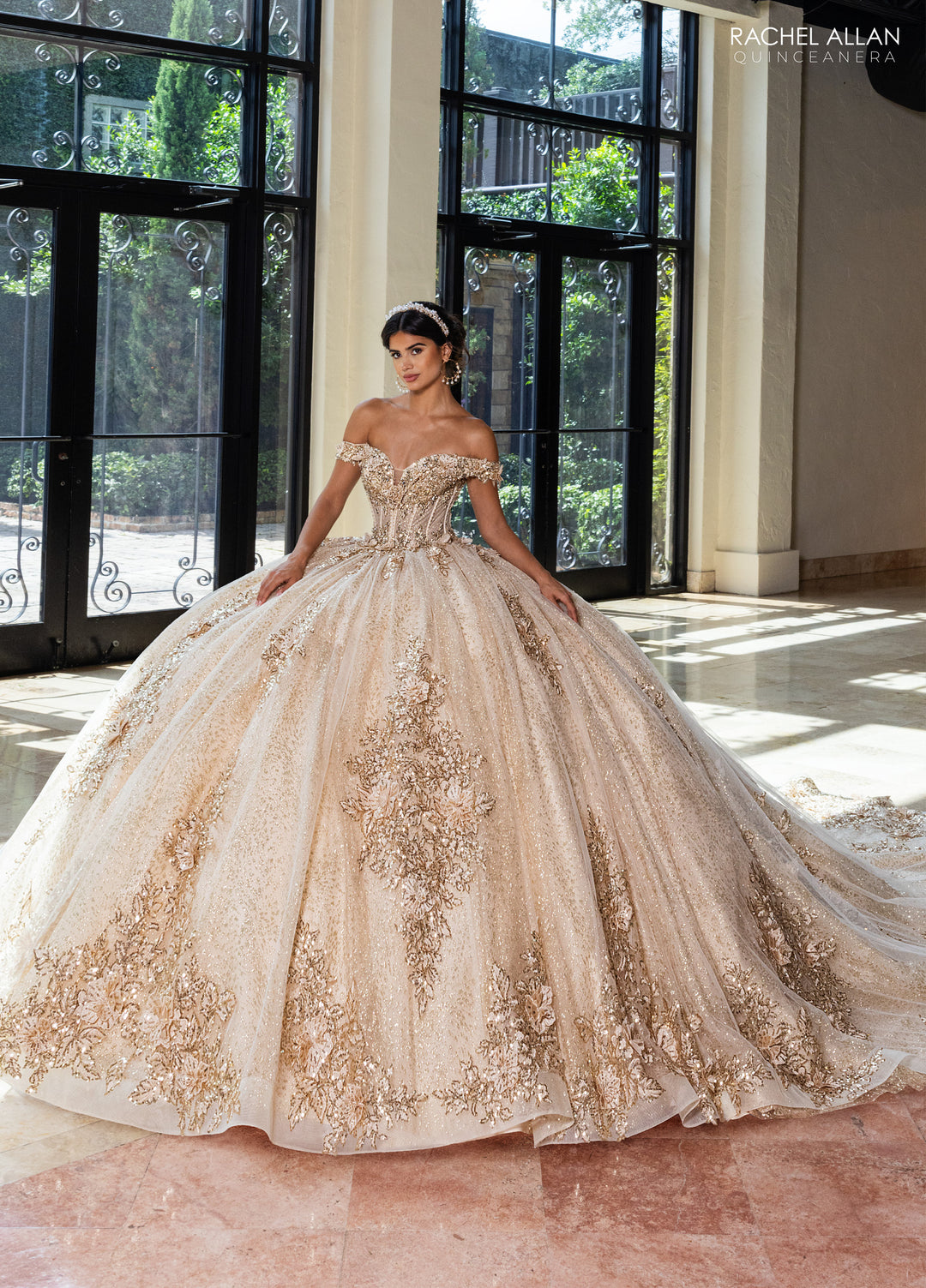 champagne quinceanera dresses Quinceaera Dress with Rhinestone Bodice Tiered Skirt M / Champagne Full Length Sleeve Style Champagne Quinceaera Dresses Tagged