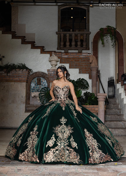 Velvet Quinceanera Dress by Rachel Allan RQ3160 14 / Emerald/Gold