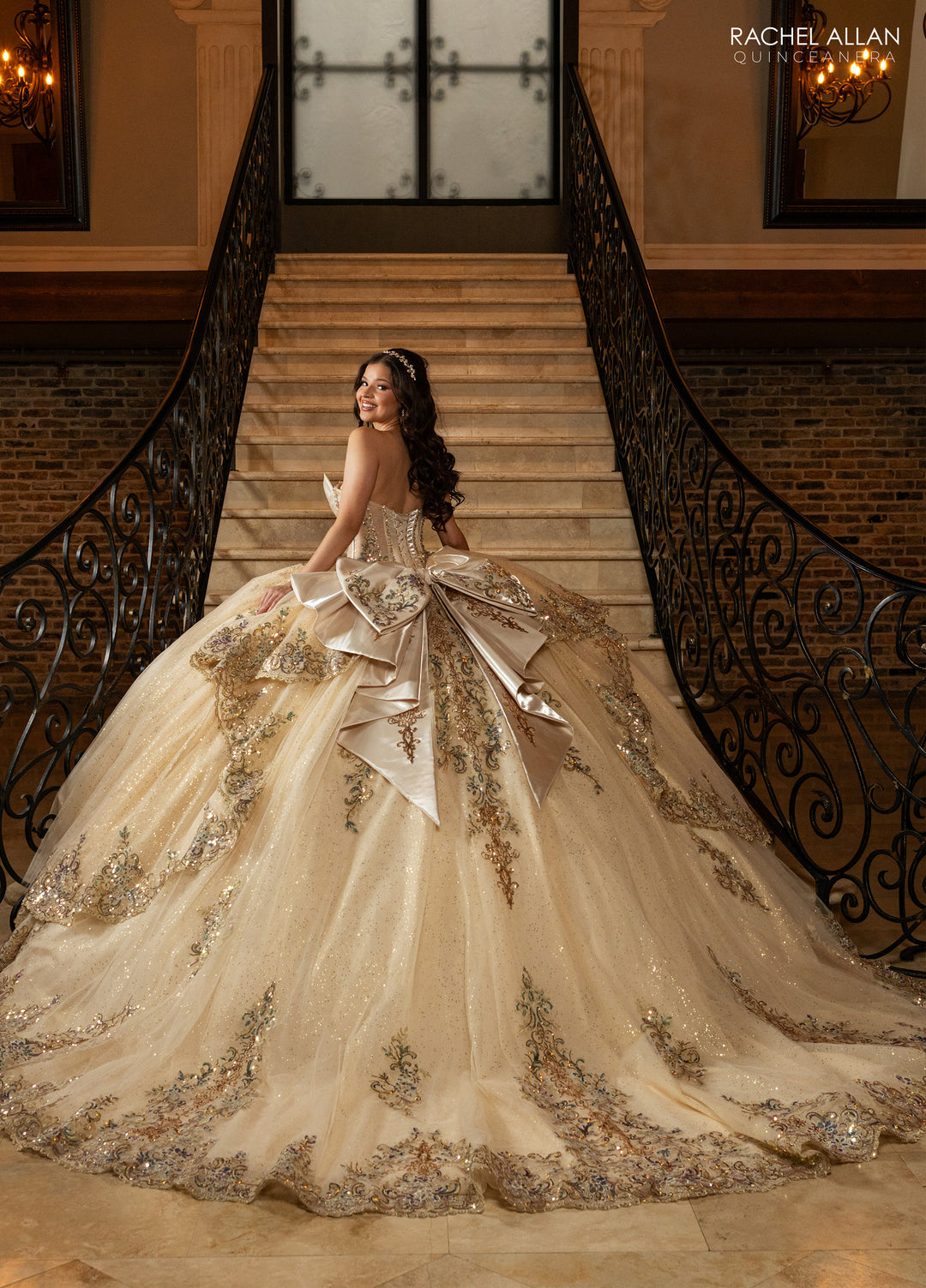 rose gold quinceanera dress with cape Jewel Mesh Quinceanera Gown w/ 3-D Butterfly Appliques and Long Mesh Cape GL3104 Elizabeth K ROSE GOLD / XS