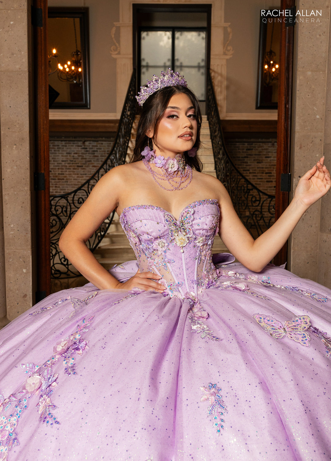 purple quinceanera dresses with butterflies House of Wu 56482 Butterfly Appliques Cold Shoulder Gown Charmingly detailed with 3D butterfly applique and beadwork Lavender Butterfly Purple Quinceanera Dresses