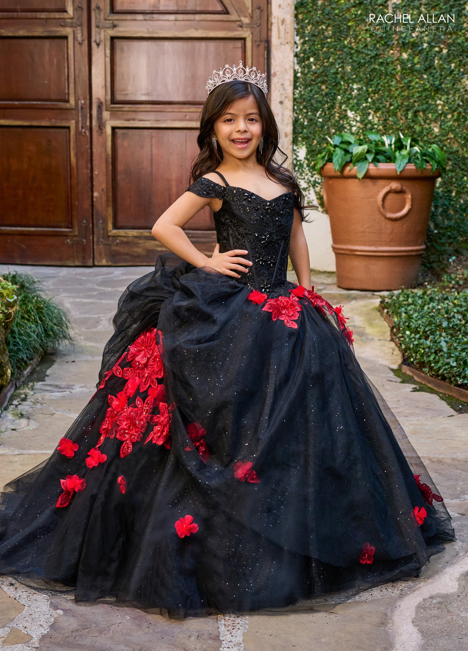 Mary s Bridal Mini Quince Collection Girl s 3D Floral Off Shoulder Gown by Rachel Allan RQ4045 4 Black Red