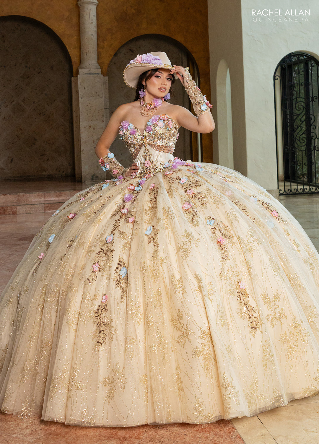 3D Floral Strapless Quinceanera Dress by Rachel Allan RQ6011