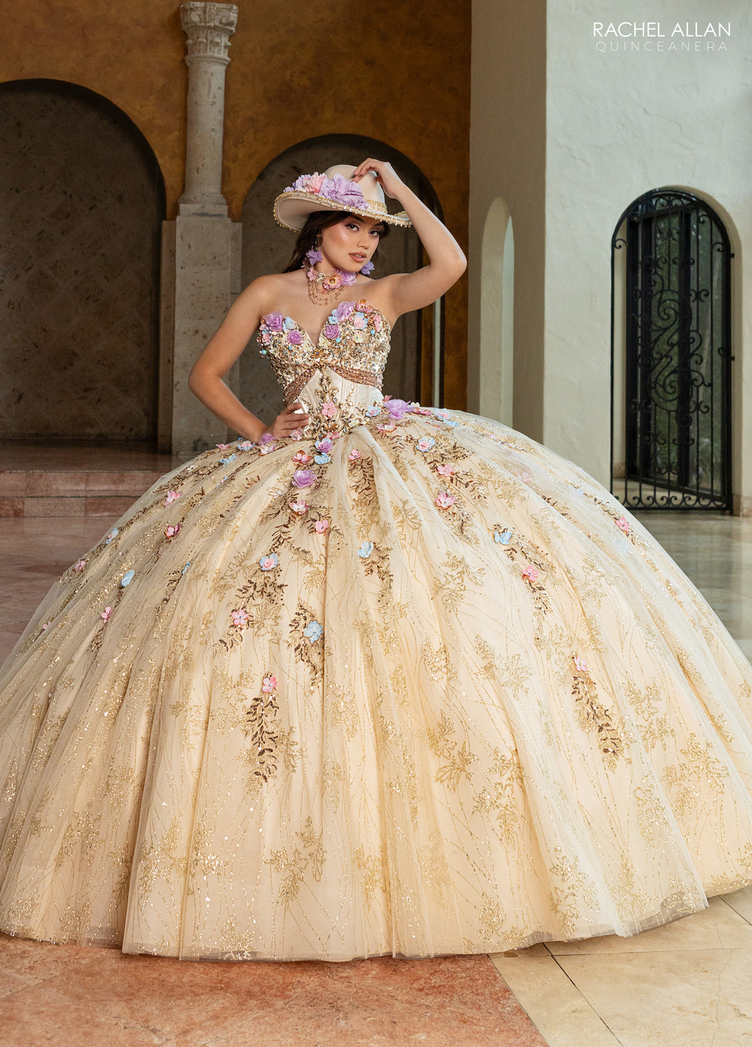 3D Floral Strapless Quinceanera Dress by Rachel Allan RQ6011