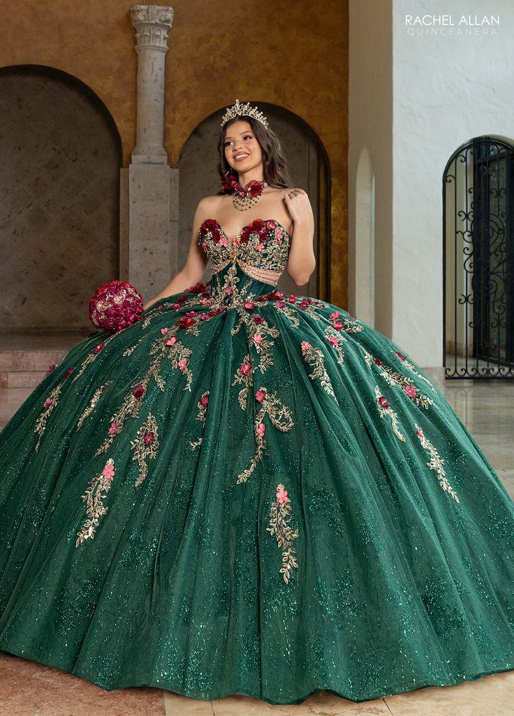 emerald green 15 dress 3D Floral Strapless Quinceanera by Rachel Allan RQ6011 – ABC Fashion Style:Straight Neck md_50 adorned with lace sequin Non-Stretch Cotton Dresses |