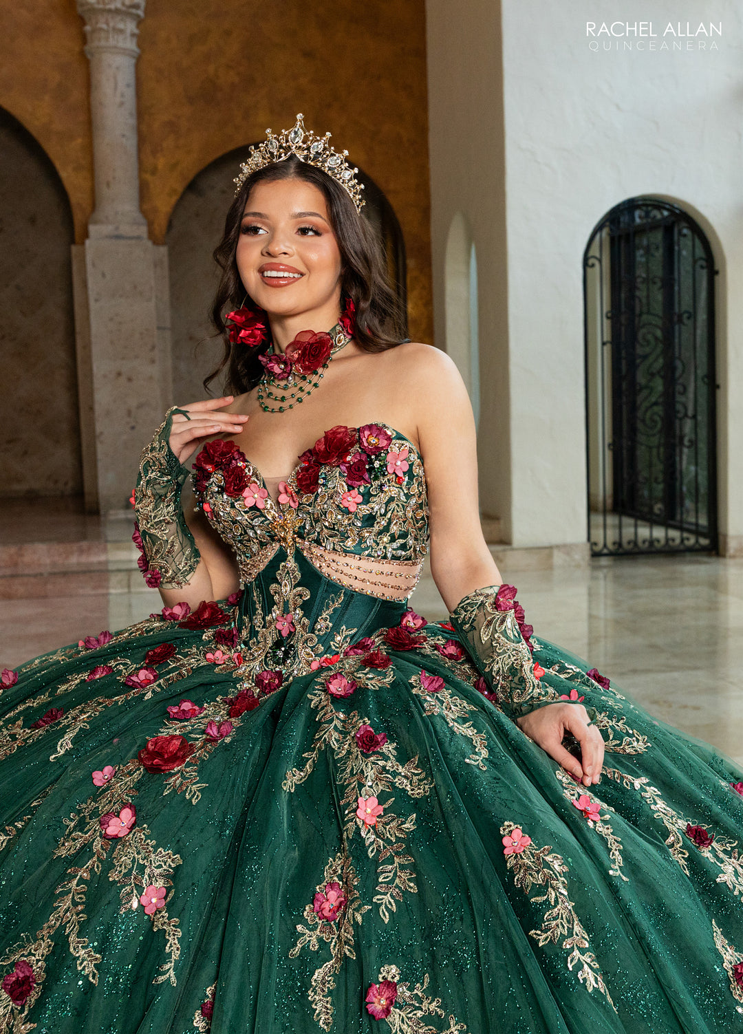 3D Floral Strapless Quinceanera Dress by Rachel Allan RQ6011 22W / Champagne Multi