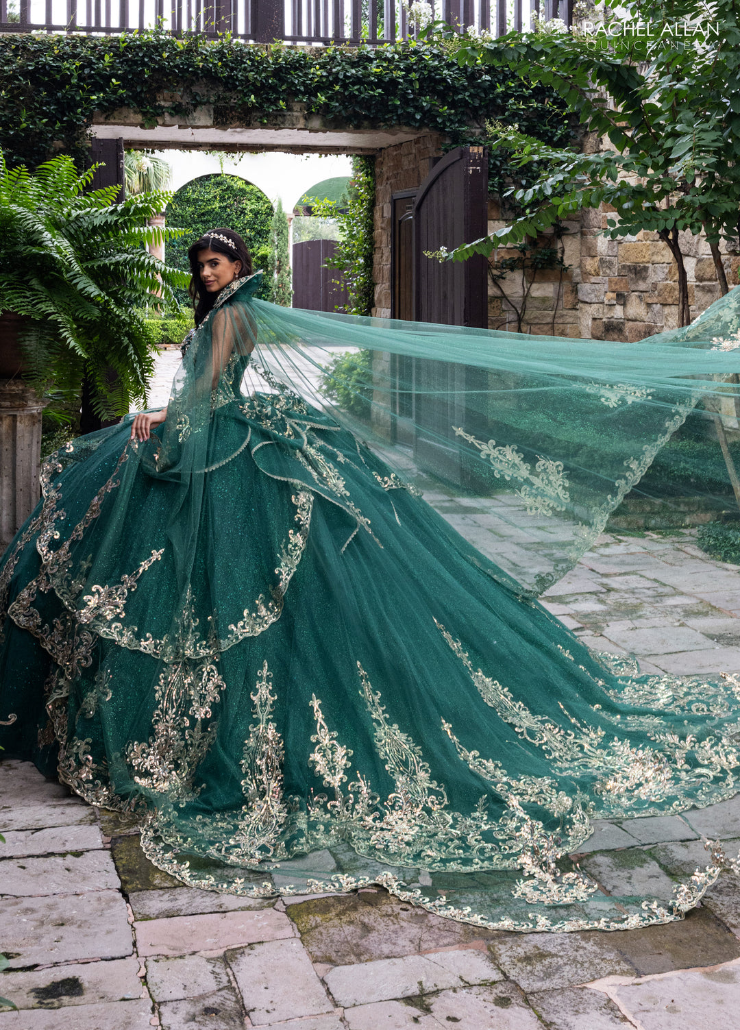 Strapless Cape Quinceanera Dress by Rachel Allan RQ6015 4 / Emerald/Gold Strapless Cape Quinceanera Dress by Rachel Allan RQ6015 4 / Emerald/Gold