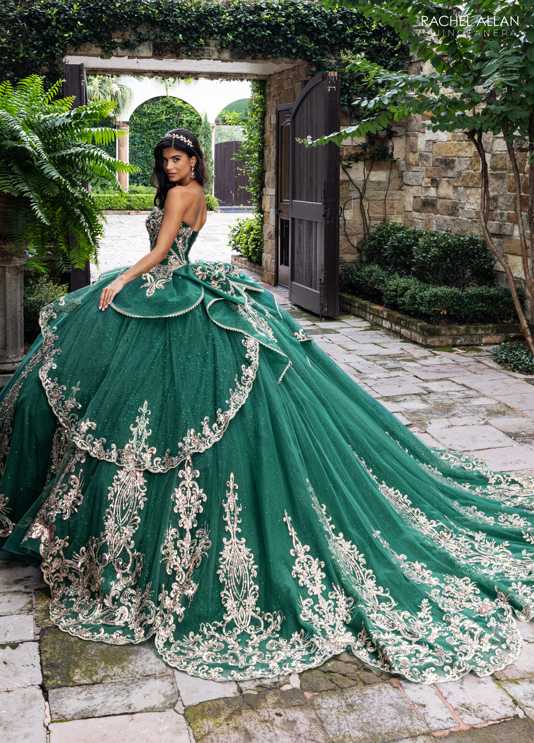 Strapless Cape Quinceanera Dress by Rachel Allan RQ6015 4 / Emerald/Gold Strapless Cape Quinceanera Dress by Rachel Allan RQ6015 4 / Emerald/Gold