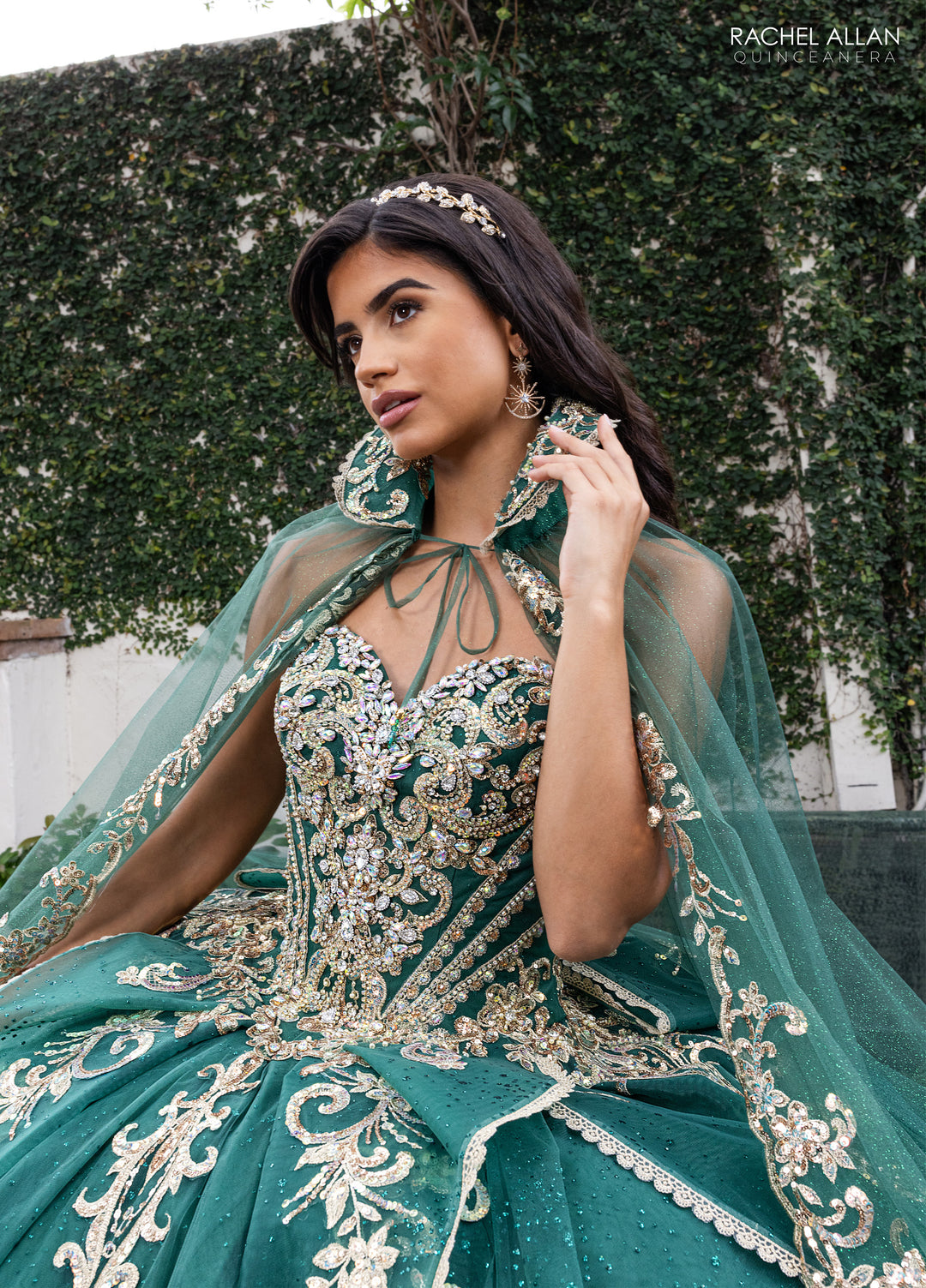 emerald green quince dress with cape Marys Bridal MQ3089 Scallop Train Sheer Cape Quinceanera Dress